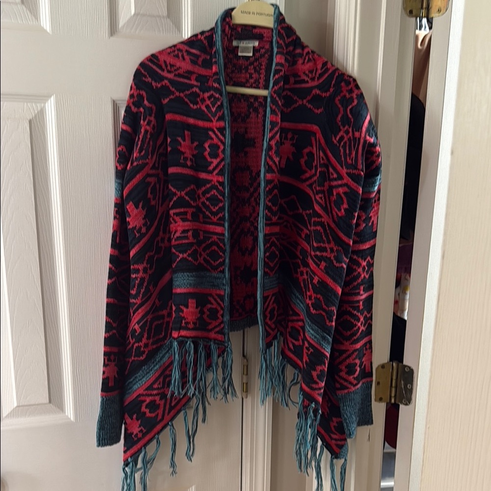 Self Esteem Red and Blue Patterned Fringe Sweater
